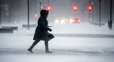 Person navigates fierce winter storm on snowy urban street with blurred car lights. Harsh winter storm creates challenging conditions for city travel, pedestrian journey.