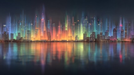 Vibrant Cityscape Illuminated by Colorful Lights Reflected in Water.