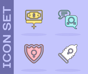 Set Condom, Money growth woman, Gender shield, Female and equality icon. Vector