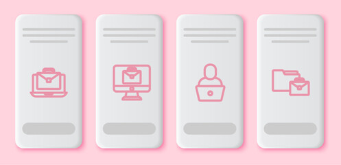 Set line Online working, , Freelancer and . White rectangle button. Vector