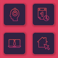 Set line Freelancer, Video chat conference, Time management and Online working. Blue square button. Vector