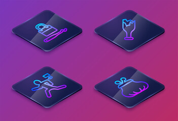 Set Isometric line Lock picks for lock picking, Murder, Broken bottle as weapon and Wallet. Blue square button. Vector