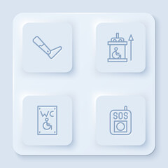 Set line Prosthesis leg, Elevator for disabled, Separated toilet and Press SOS button. White square button. Vector