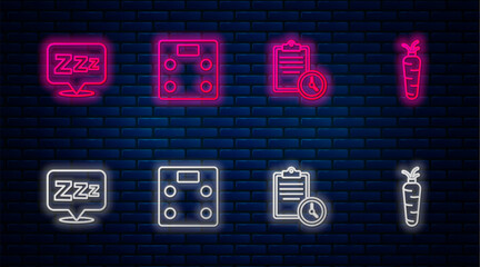 Set line Bathroom scales, Sport training program, Sleepy and Carrot. Glowing neon icon on brick wall. Vector