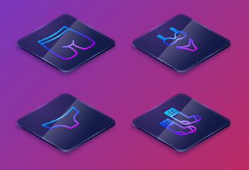Set Isometric line Cycling shorts, Men underpants, Swimsuit and Socks. Blue square button. Vector