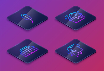 Set Isometric line Feather, Brush for cleaning, Basin with soap suds and Dirty t-shirt. Blue square button. Vector