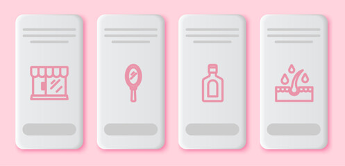 Set line Barbershop building, Hand mirror, Bottle of shampoo and Oil for hair care treatment. White rectangle button. Vector