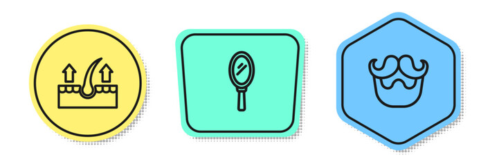 Set line Human hair follicle, Hand mirror and Mustache beard. Colored shapes. Vector