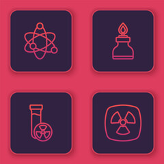 Set line Atom, Test tube with toxic liquid, Alcohol or spirit burner and Radioactive. Blue square button. Vector