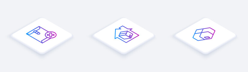 Set Isometric line Delete envelope, Home delivery services and Carton cardboard box. White square button. Vector
