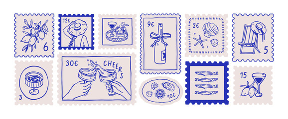 Italian holiday post stamps set. Dolce Vita postal marks, postmark designs with lemon, sardine, Mediterranean coastal vacation doodles, sketches. Drawn vector illustration isolated on white background