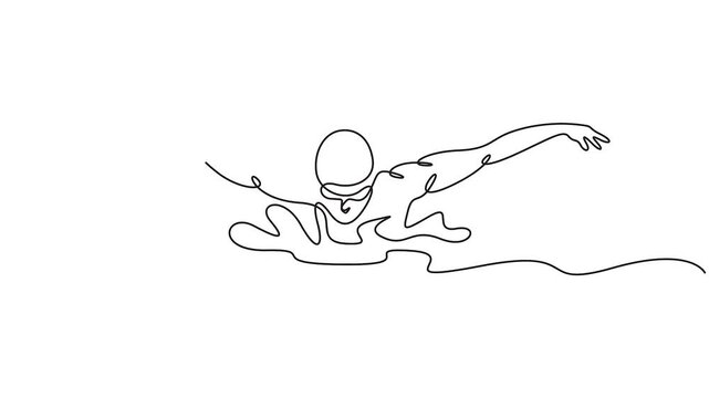 Self animated continuous line drawing of a person swimming the butterfly stroke. Full length single line art animation