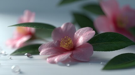 Delicate pink flowers with water droplets on a light surface.