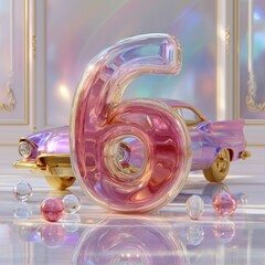 Glossy Number Six with Retro Car in Luxurious Scene
