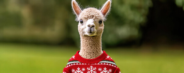 Naklejka premium Alpaca christmas sweater festive animal cute outdoor green winter holiday nature mammal red wool funny happy celebration cheerful fashion knit