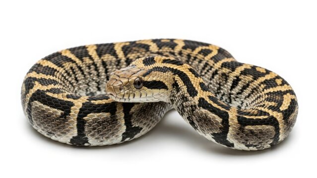 Coiled ball python on white background