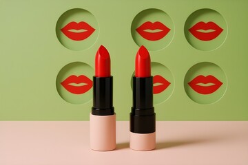 Two Red Lipsticks on a Pink Surface with a Green Background Featuring Red Lips makeup beauty
