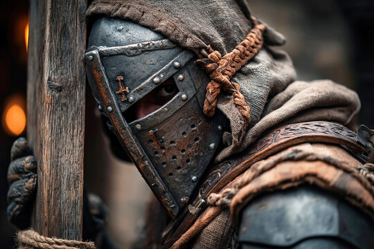 Medieval executioner preparing for punishment with axe and sword in an old town setting