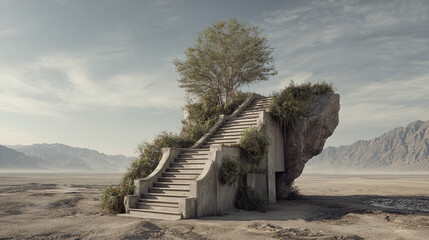 A surreal stone staircase leading up to a tree in a desolate landscape. The structure is weathered, suggesting the passage of time