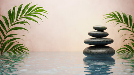 Obraz premium Serene Spa Composition with Balanced Zen Stones, Green Leaves, and Soft Water Reflections for Wellness Themes