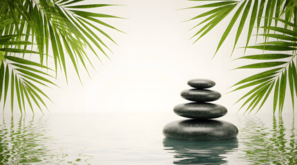 Obraz premium Serene Spa Composition with Balanced Zen Stones, Green Leaves, and Soft Water Reflections for Wellness Themes