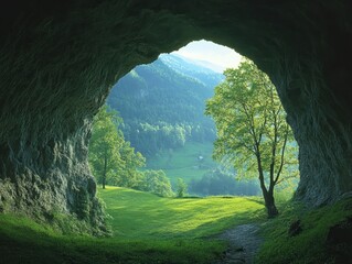 Serene View from Cave Opening Overlooking Lush Green Valley