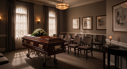 Solemn funeral service in chapel, wood coffin adorned white flower arrangements. Respectful funeral service setting has empty chairs, soft light, somber atmosphere.