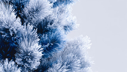 A snow-covered Christmas tree isolated on a crisp white transparent background, frosted pine needles with intricate ice crystallization, cool winter tones with subtle blue-white highlights.