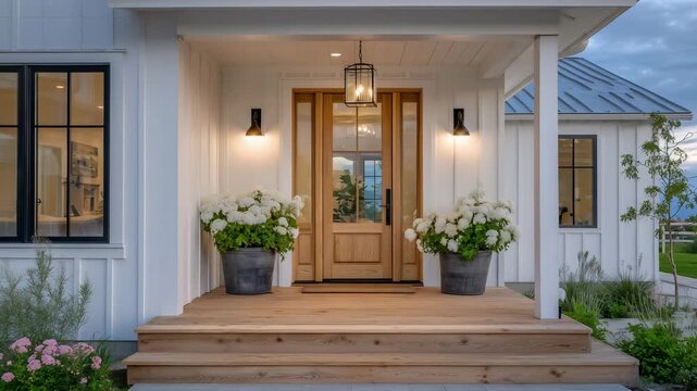 Serene entryway of a modern gray farmhouse, wooden front door centered between matte black sconces, soft light from a hanging fixture casting warmth on the porch steps