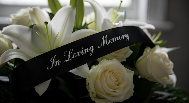 White funeral flowers display with "In Loving Memory" ribbon, featuring delicate lilies and fresh roses. Funeral flowers arrangement symbolizes respect and remembrance.