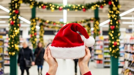 Female hands holding Santa hat in decorated grocery mall, holiday shopping and Christmas celebration - Powered by Adobe