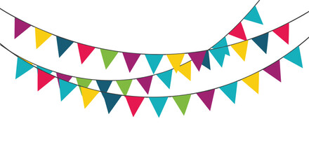 Obraz premium Brightly colored triangular flags hang on strings, forming festive party bunting against a clean white background, perfect for celebrations and events.