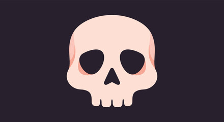 Fototapeta premium Stylized light pink human skull with prominent dark eye sockets and nose, centered on a dark purple-grey background.