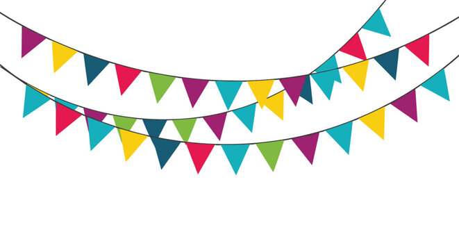 Brightly colored triangular flags hang on strings, forming festive party bunting against a clean white background, perfect for celebrations and events.