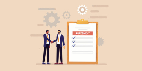 Business agreement and handshake illustration with gears and a clipboard
