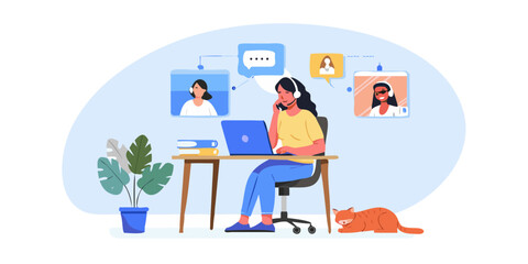 Woman participating in a virtual meeting while working from home