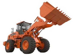Isolated orange wheel loader ready for construction or earthmoving on a job site or quarry