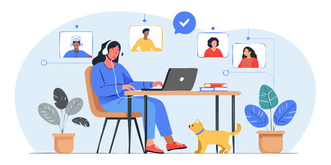 Remote work setup with a woman using a laptop and video conferencing