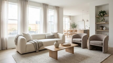 Obraz premium Contemporary open-concept living room featuring clean lines, neutral tones, cozy seating, modern, inviting home atmosphere