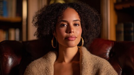 Woman posing for portrait in library setting.