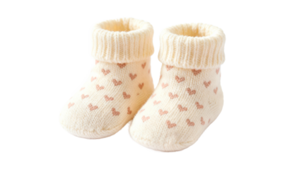 Pair of tiny knitted baby socks, an iconic symbol of early childhood and parenting. Soft, handmade infant footwear, isolated on white.