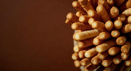 Breadsticks arranged in tight cluster with warm brown background and texture