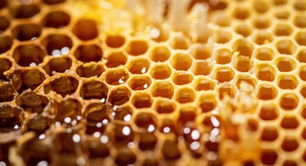 Honeycomb with golden honey filling hexagonal cells in natural texture