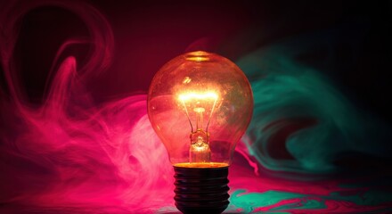 Light bulb glowing amid swirling colored smoke with moody lighting effects
