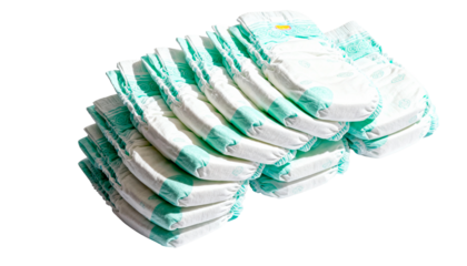 Neat stack of disposable baby diapers, representing infant care, hygiene, and modern parenting concepts. Isolated on white background.
