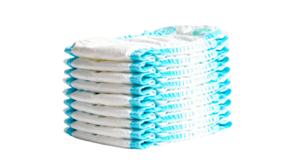 Stack of disposable diapers in a neat pile, representing baby care and parenting concepts, isolated on a white background.