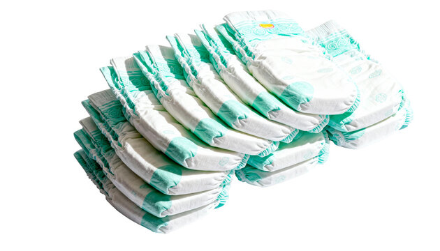 Neat stack of disposable baby diapers, representing infant care, hygiene, and modern parenting concepts. Isolated on white background.