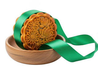 Traditional baked mooncake with intricate floral pattern wrapped in vibrant green ribbon resting in a small wooden bowl, isolated on transparent background