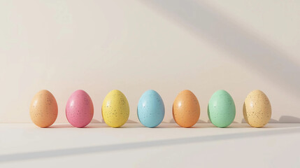Minimal Easter Background with Row of Colorful Speckled Eggs in Soft Sunlight
