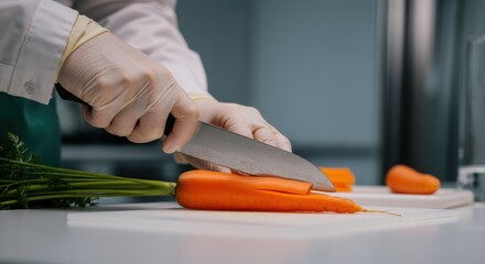 Chef slicing colorful carrots in a busy professional kitchen for healthy meal prep